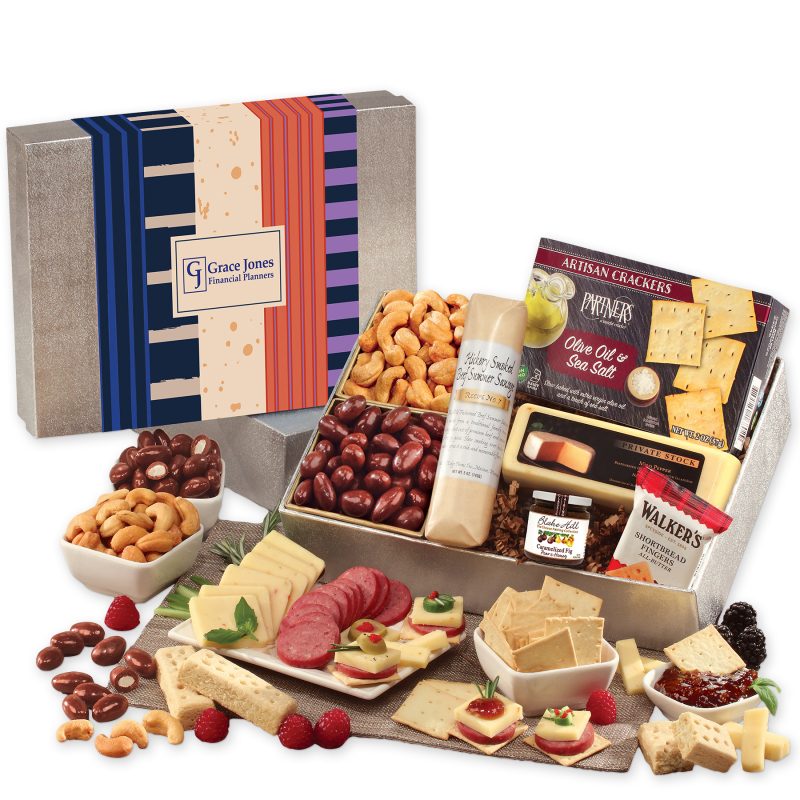 Shelf-Stable-Snacking-Smorgasbord-with-Stripes-Splatter-Sleeve-SLS225SSP Custom Shelf Stable Snacking Smorgasbord with Stripes & Splatter Sleeve