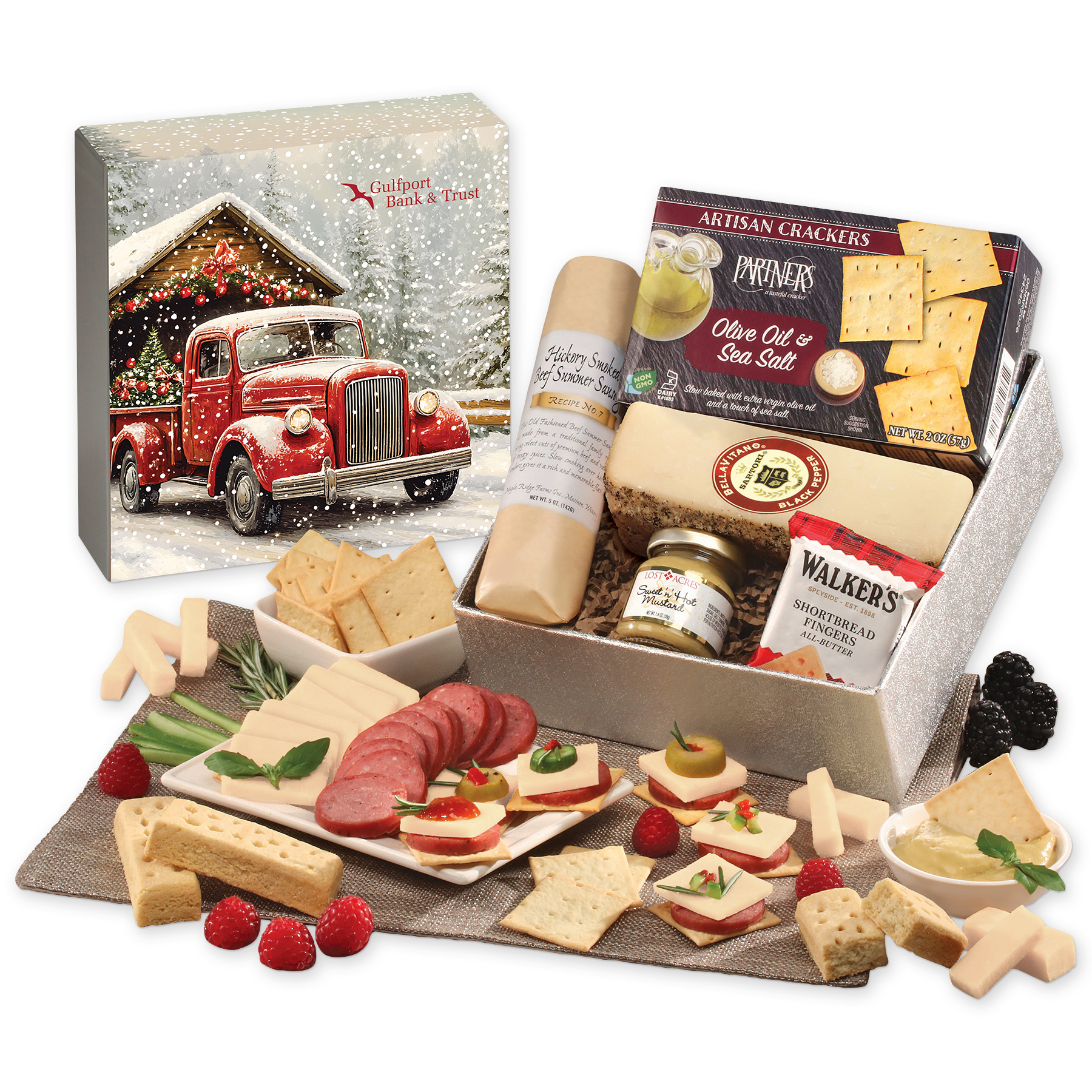Custom Snack Lover's Gift Box with Red Truck on Bridge Sleeve