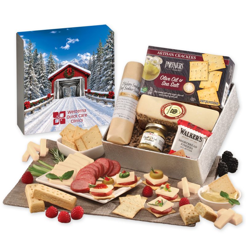 Custom Snack Lover's Gift Box with Snow-covered Bridge Sleeve