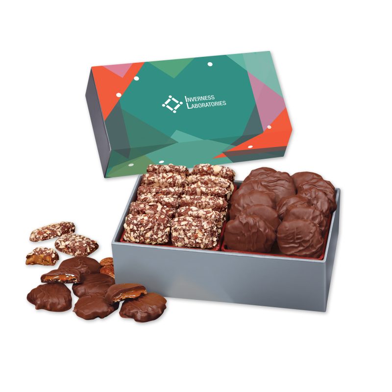 Toffee-Pecan-Clusters-in-Gift-Box-with-Green-Geometric-Sleeve-SLS160GG Custom Toffee & Pecan Clusters in Gift Box with Green Geometric Sleeve