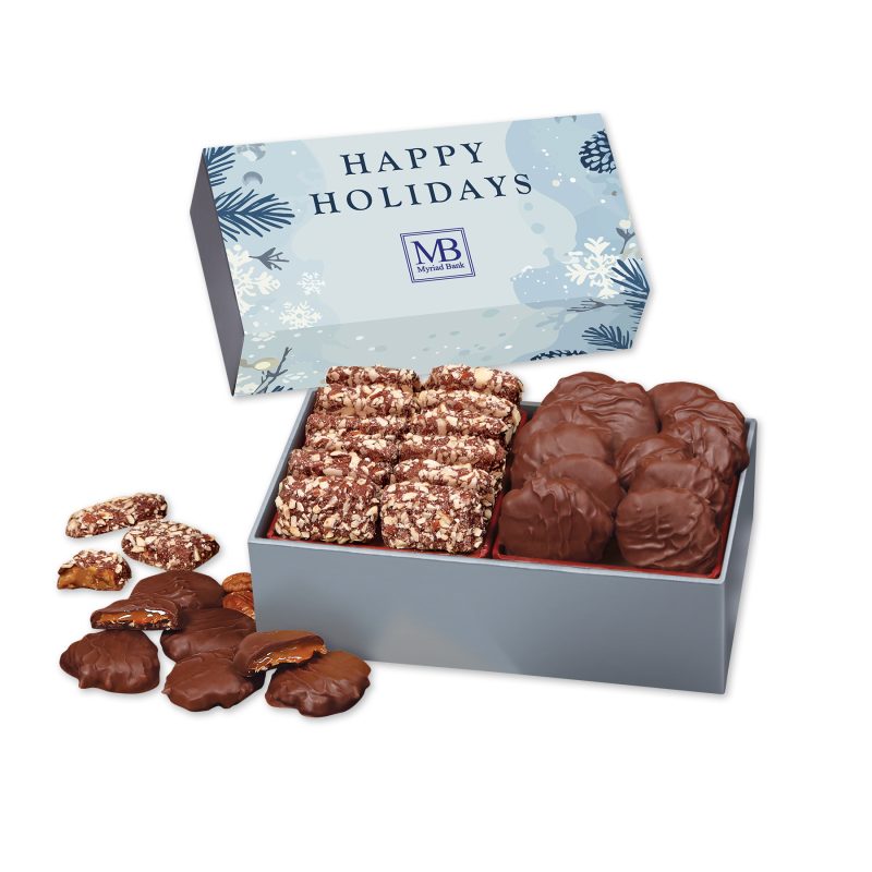 Custom Toffee & Pecan Clusters in Gift Box with Happy Holidays Sleeve