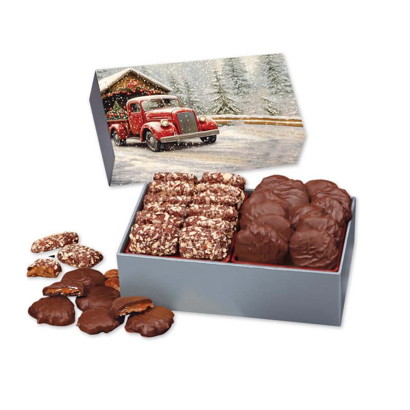 Custom Toffee & Pecan Clusters in Gift Box with Red Truck on Bridge Sleeve - 1