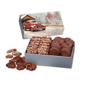 Custom Toffee & Pecan Clusters in Gift Box with Red Truck on Bridge Sleeve