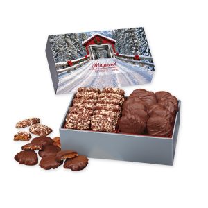 Custom Toffee & Pecan Clusters in Gift Box with Snow-covered Bridge Sleeve