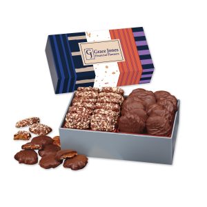Custom Toffee & Pecan Clusters in Gift Box with Stripes & Splatter Sleeve